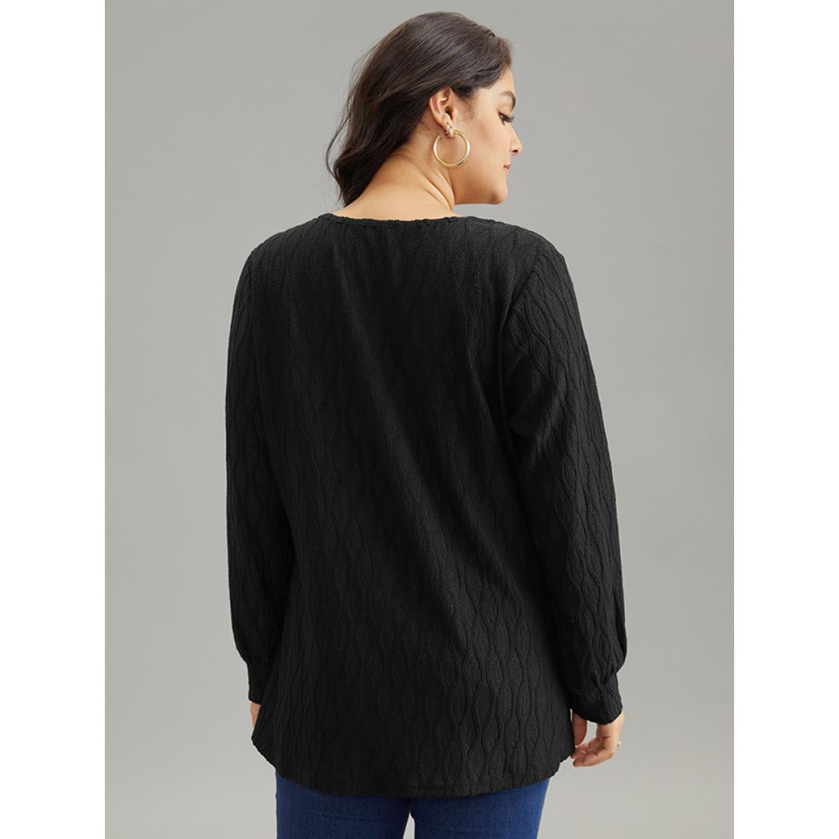 Plus Size Black Solid Jacquard Overlap Collar Crossover Blouse Women Casual Long Sleeve Overlap Collar Dailywear Blouses BloomChic 18-20/2X Product Image