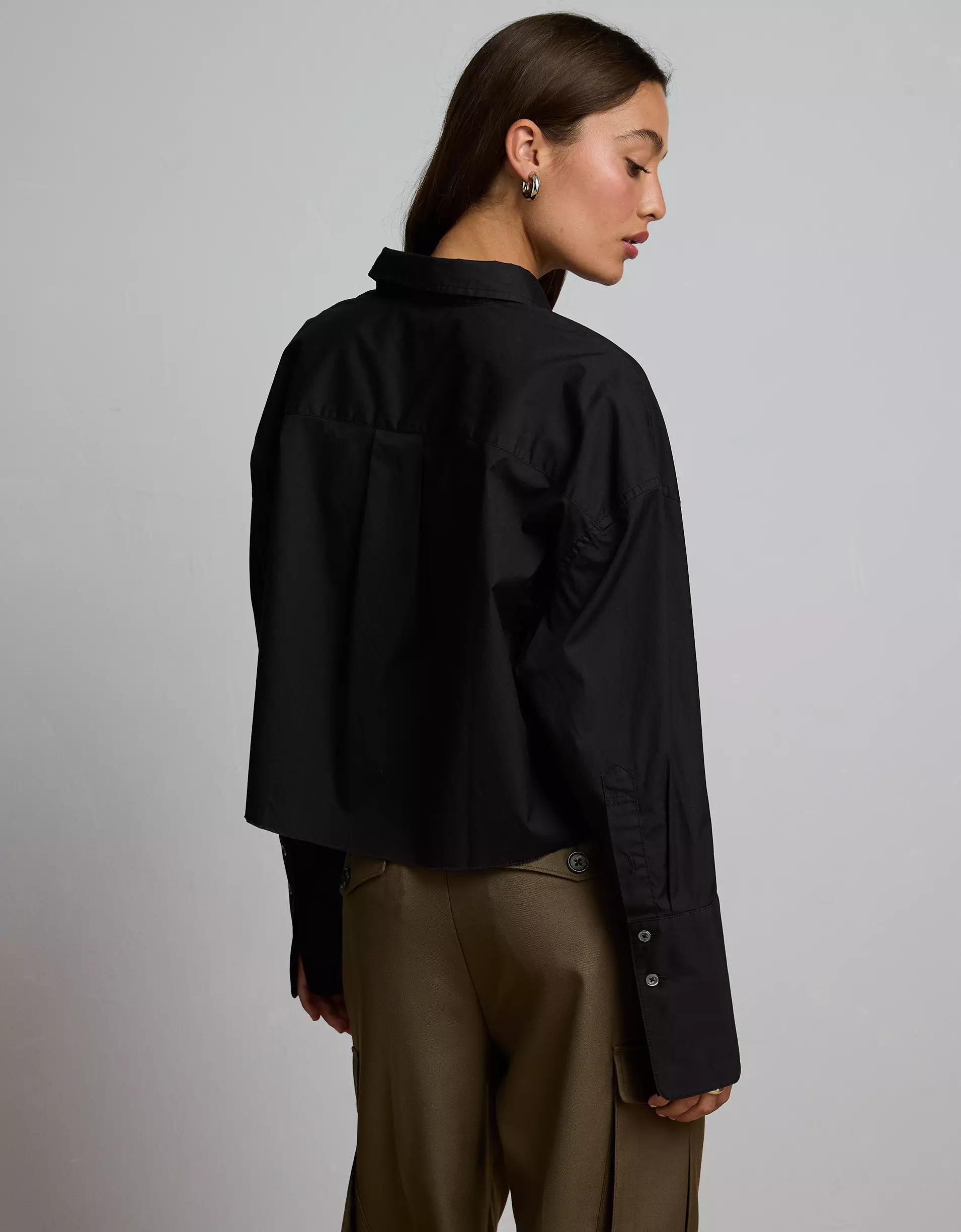 AE77 Premium Long-Sleeve Boxy Crop Tuxedo Shirt Product Image