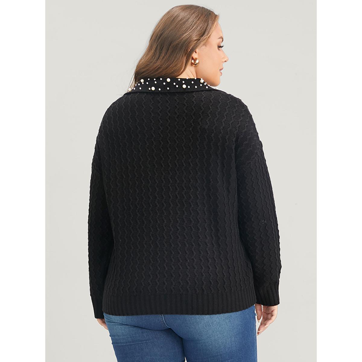 Plus Size Solid Pointelle Knit Pearls Beaded Collar Neck Knit Top Black Women Elegant Long Sleeve Lapel Collar Dailywear Pullovers BloomChic 10/M Product Image