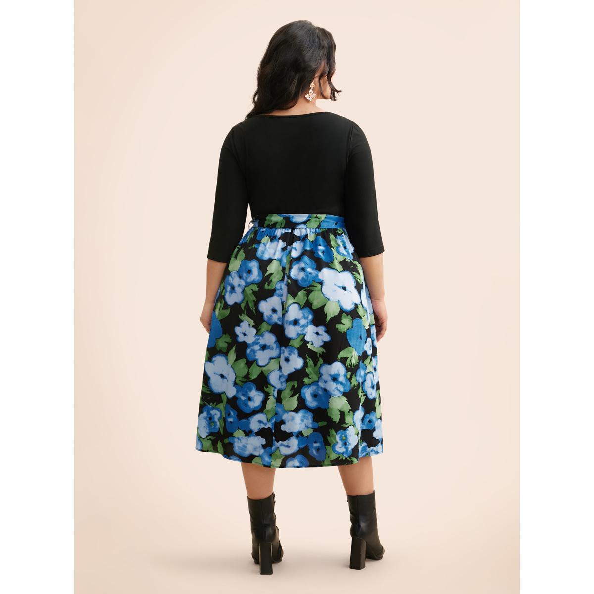 Plus Size Round Neck Floral Patchwork Belted Dress Black Women Elegant Belted Round Neck Elbow-length sleeve Curvy BloomChic 12/L Product Image