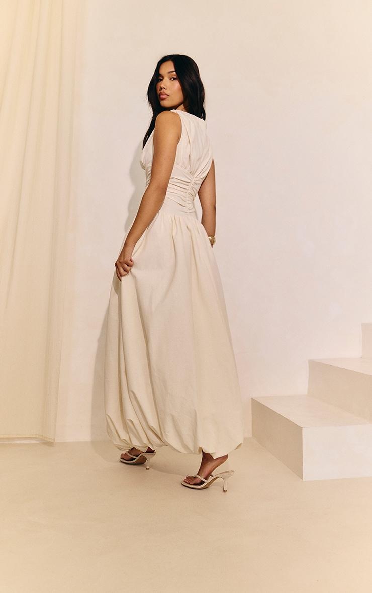 Cream Boat Neck Ruched Detail Puffball Maxi Dress Product Image
