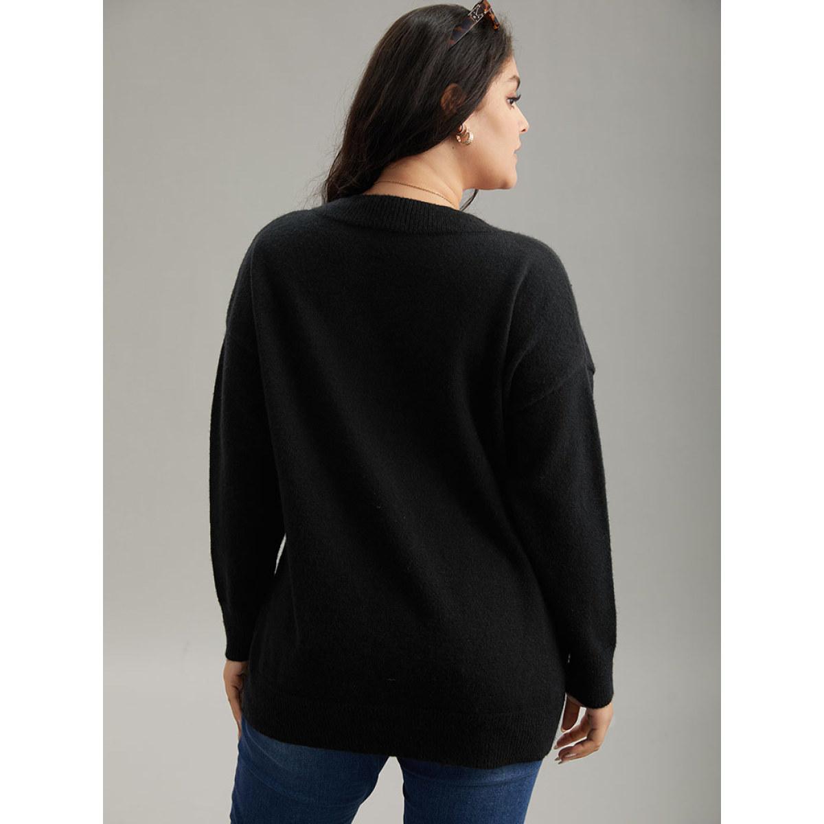 Plus Size Anti-Pilling Rhinestone Drop Shoulder Pullover Black Women Casual Loose Long Sleeve V-neck Dailywear Pullovers BloomChic 10/M Product Image