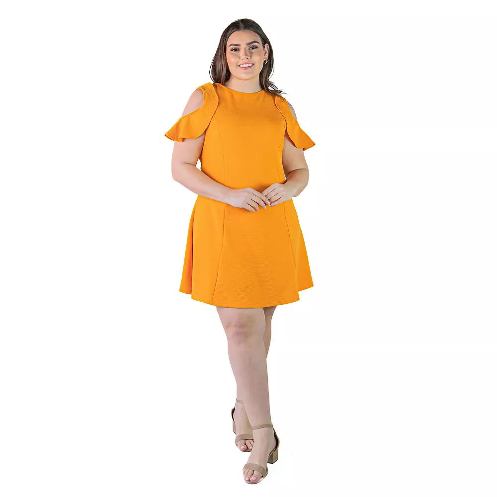 Plus Size 24Seven Comfort Apparel Ruffle Cold Shoulder A-Line Dress, Women's, Size: 3XL, Pink Product Image