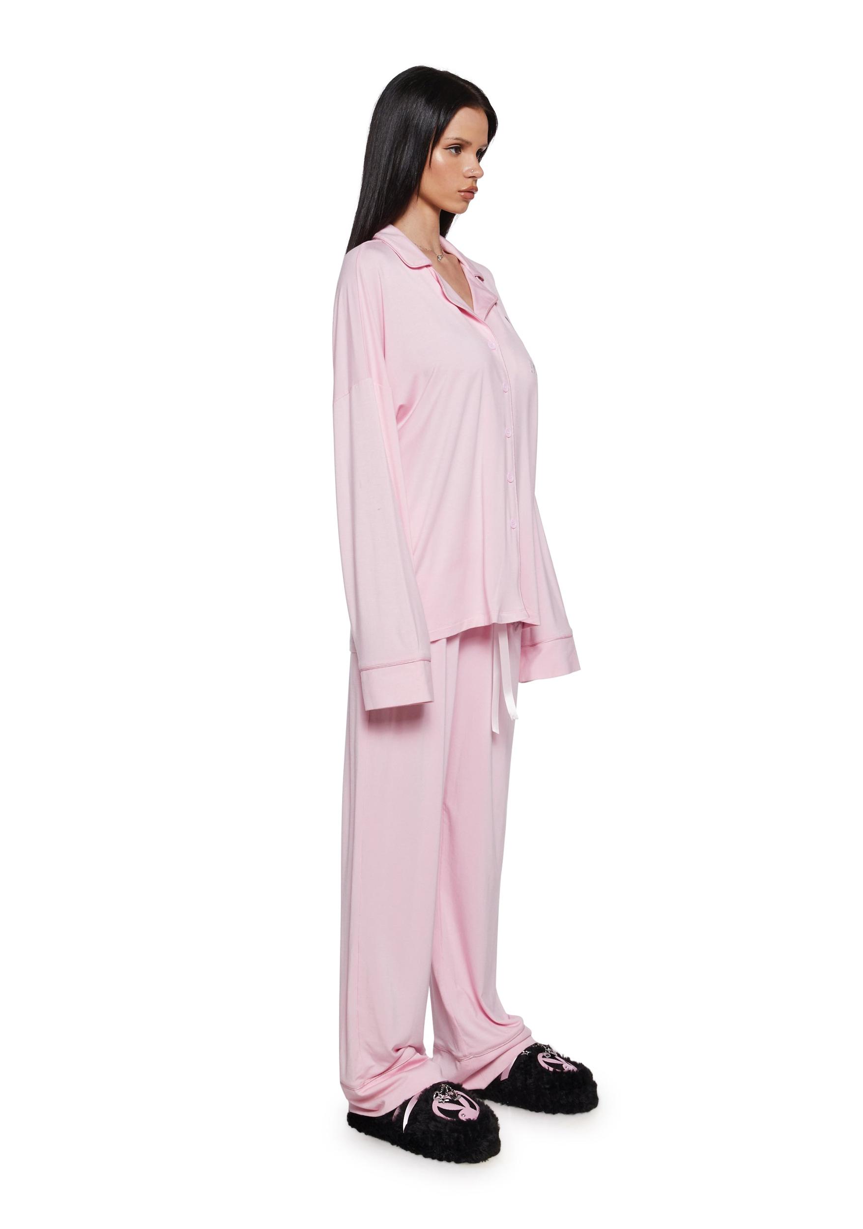 Dolls Kill x Playboy Playmate Stretchy Knit Logo Oversized PJ Set - Pink Product Image
