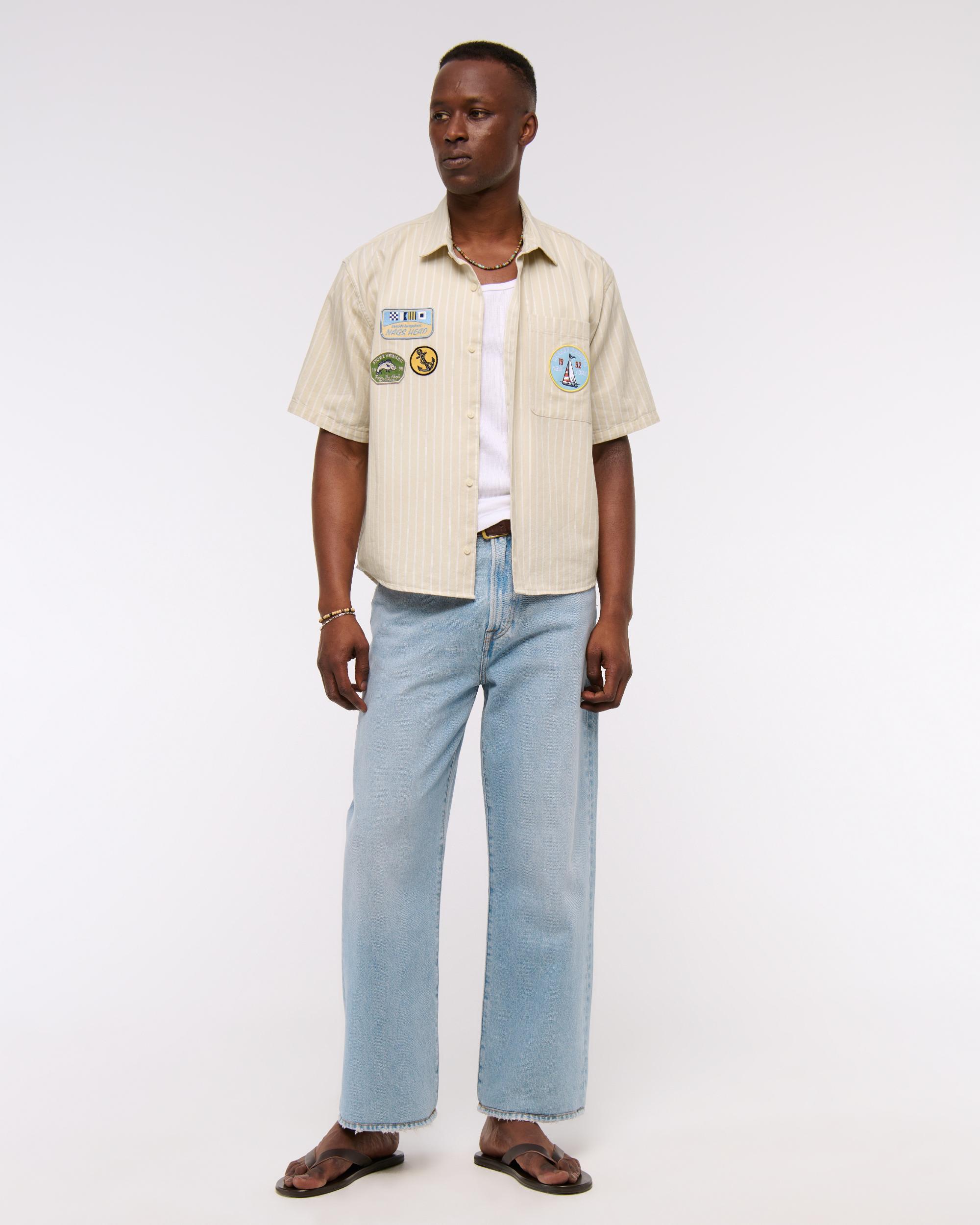 Short-Sleeve Cropped Graphic Workwear Button-Up Shirt Product Image