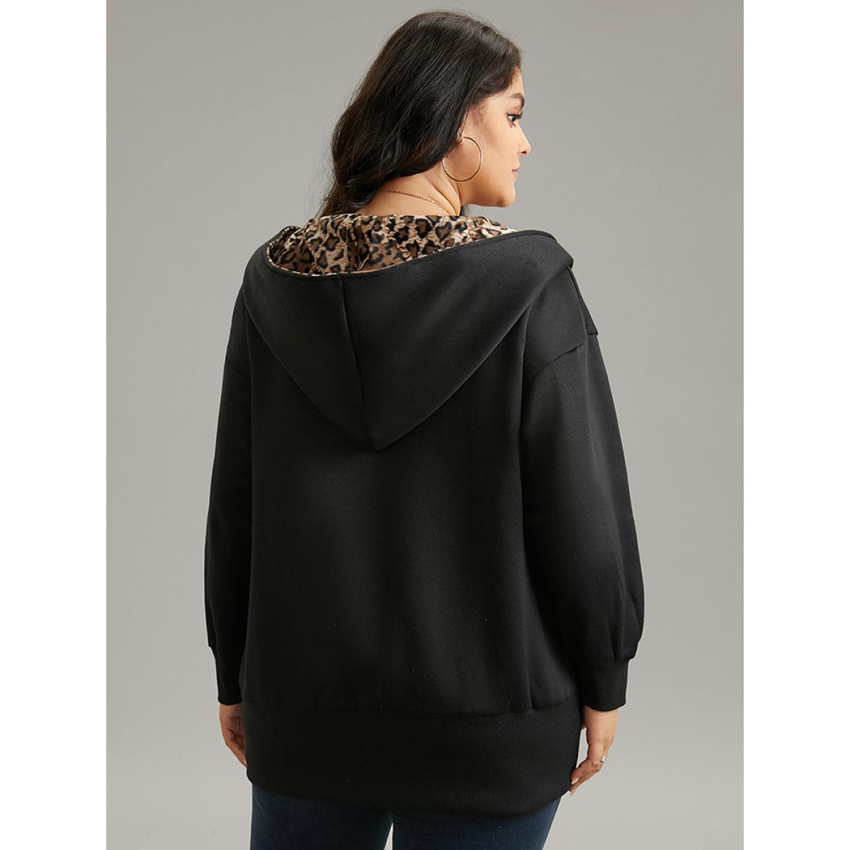 Plus Size Leopard Patchwork Zipper Hooded Jacket Women Black Contrast Pocket Dailywear Jackets BloomChic 18-20/2X Product Image