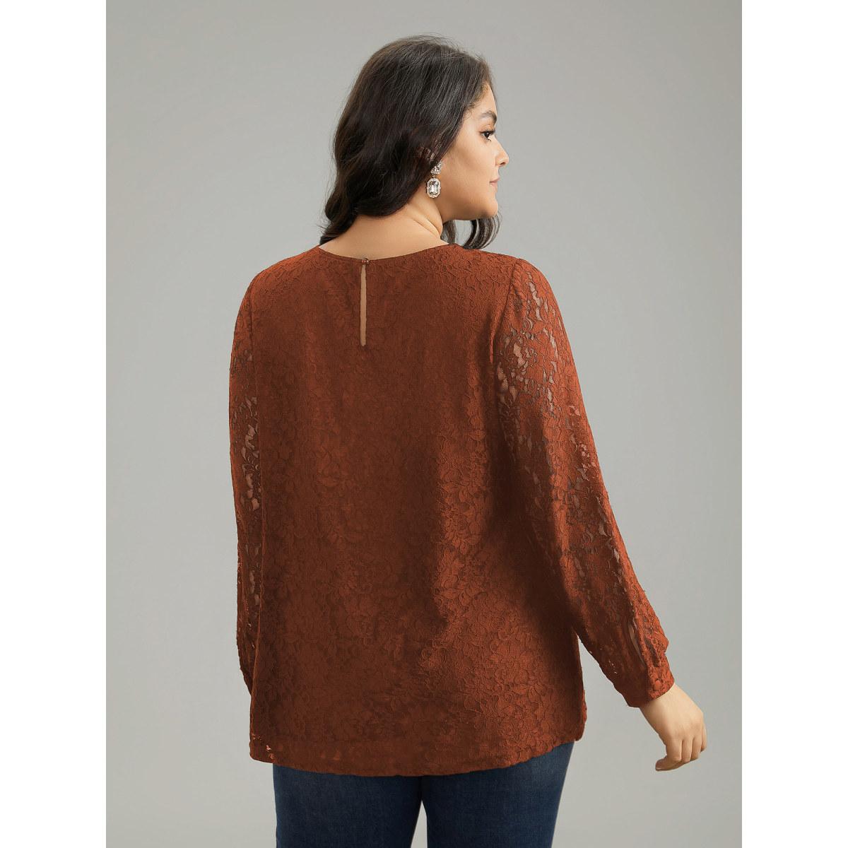 Plus Size Rust Solid Crochet Lace Mesh Crew Neck Blouse Women Cocktail Long Sleeve Round Neck Party Blouses BloomChic 14-16/1X Product Image