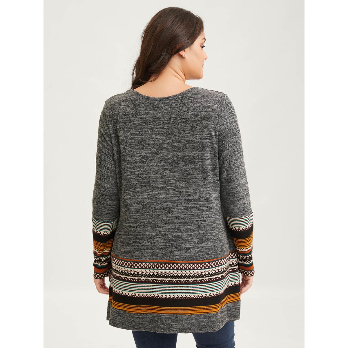 Plus Size Tunic Boho Print Pocket T-shirt DimGray Women Leisure Contrast Round Neck Loose Casual T-shirts BloomChic 30/6X Product Image