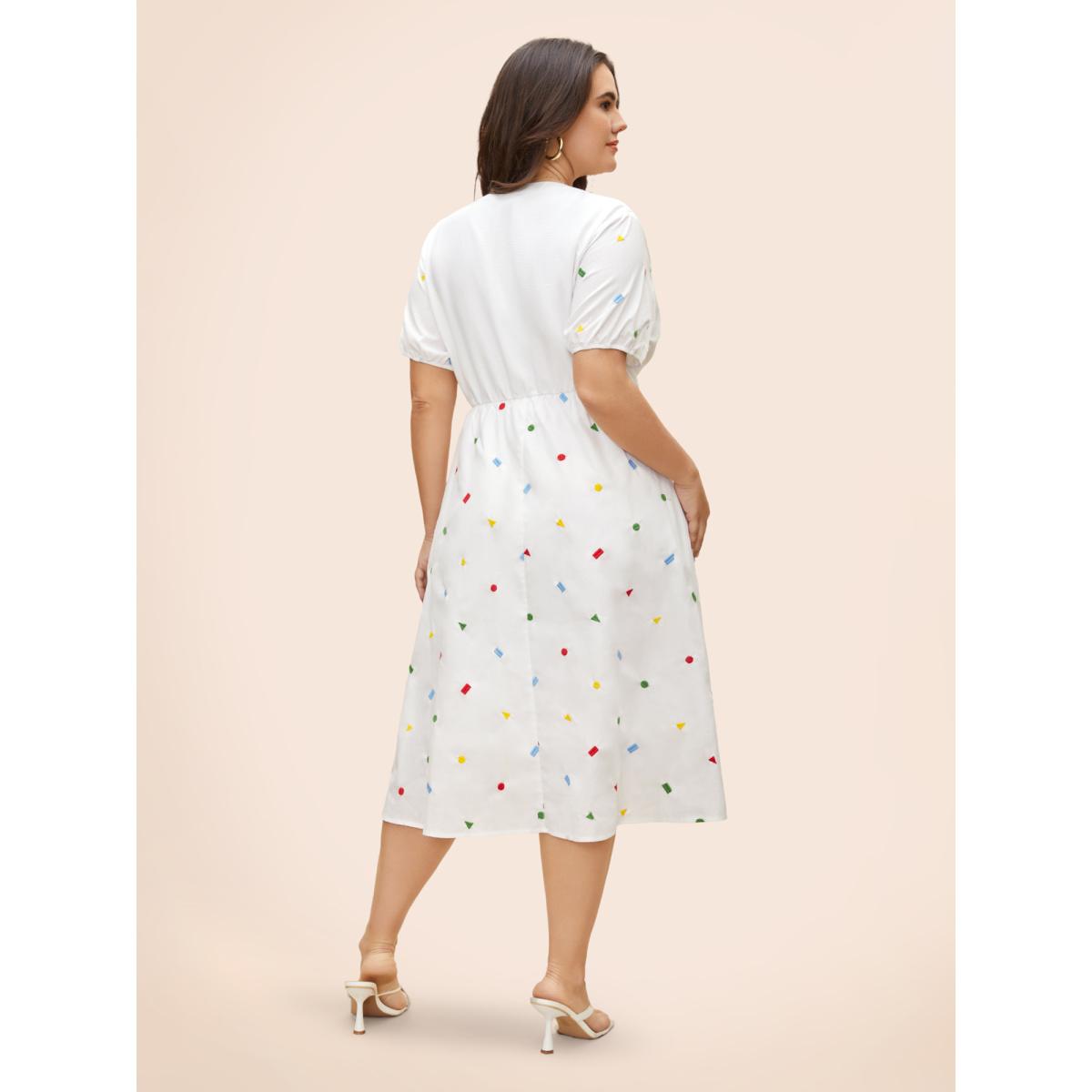 Plus Size Cotton Confetti Print Elastic Waist Midi Dress Originalwhite Women Elegant Gathered Notched collar Short sleeve Curvy BloomChic 12/L Product Image