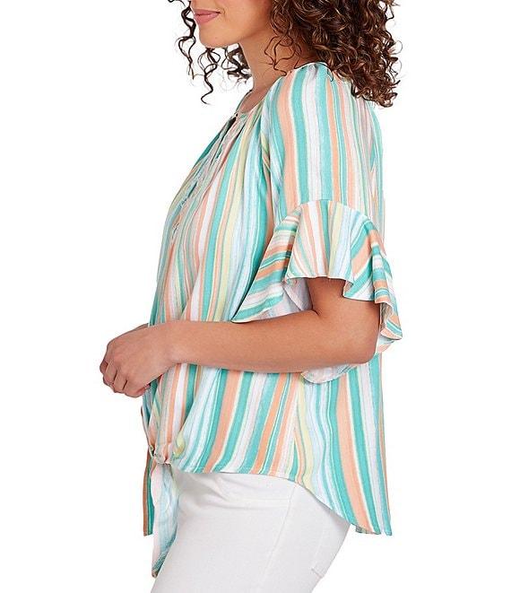 Ruby Rd. Woven Stripe Keyhole Neck Embroidery Short Flounce Sleeve Tie Top Product Image