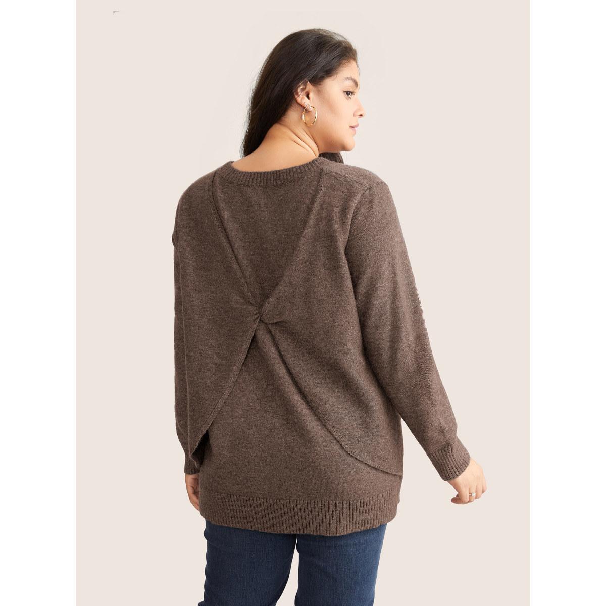 Plus Size Supersoft Essentials Solid Heather Twist Back Pullover DarkBrown Women Casual Long Sleeve Round Neck Everyday Pullovers BloomChic 26/4X Product Image