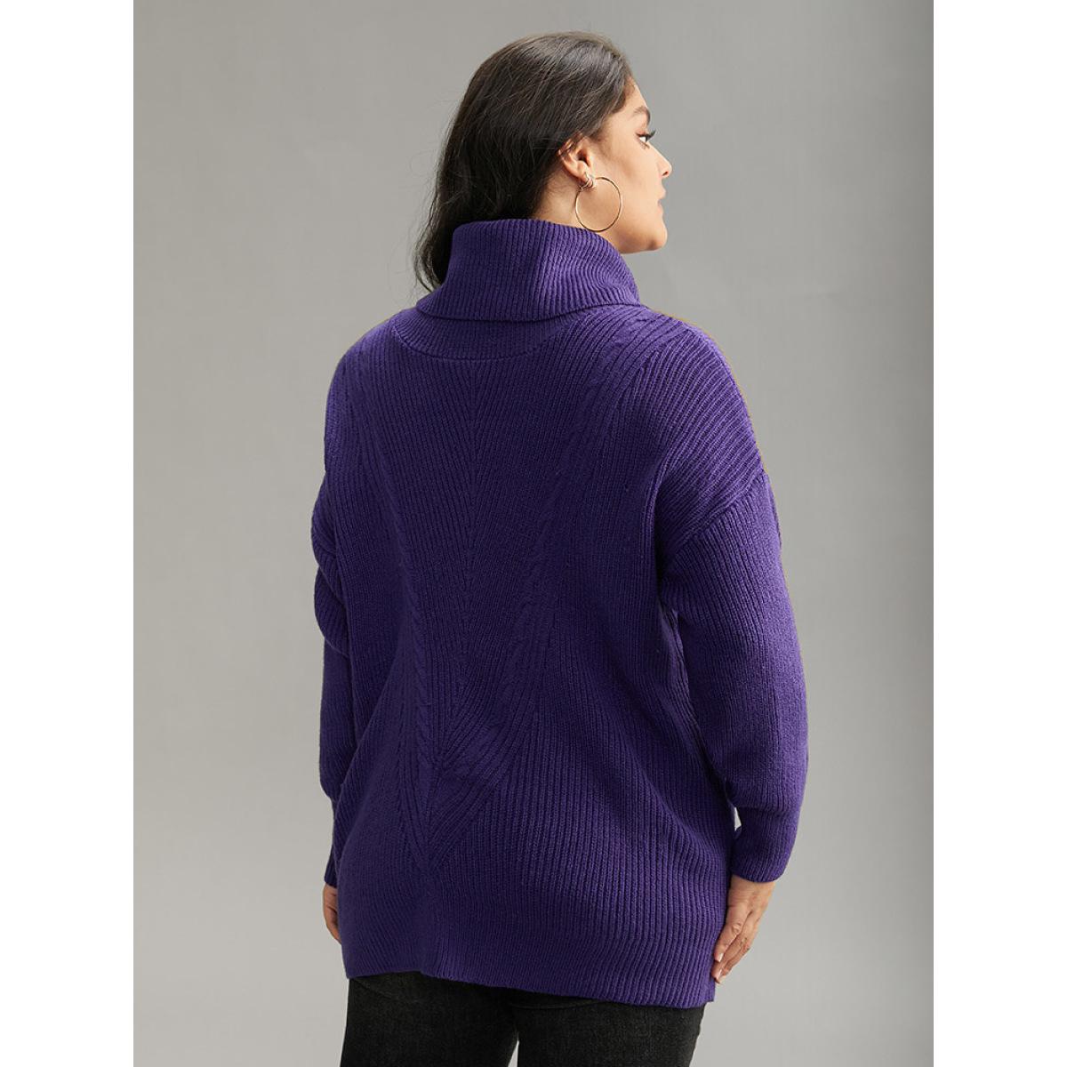 Plus Size Plain Turtleneck Texture Elastic Cuffs Pullover BlueViolet Women Casual Loose Long Sleeve Turtleneck Dailywear Pullovers BloomChic 22-24/3X Product Image
