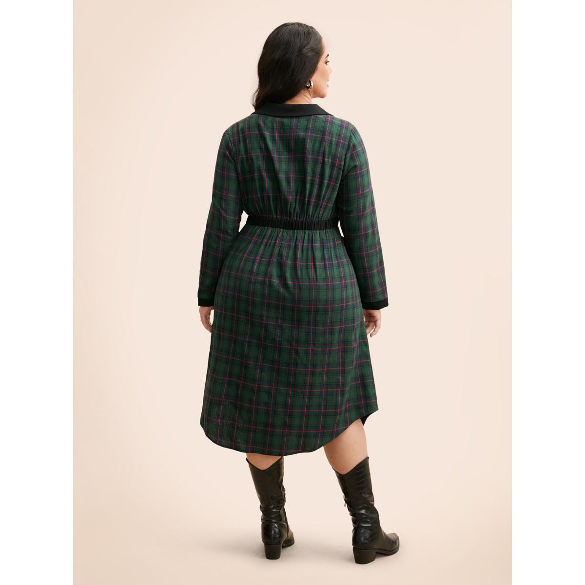 Plus Size Contrast Plaid O Ring Zipper Dress Emerald Women Office Contrast Shirt collar Long Sleeve Curvy BloomChic 22-24/3X Product Image