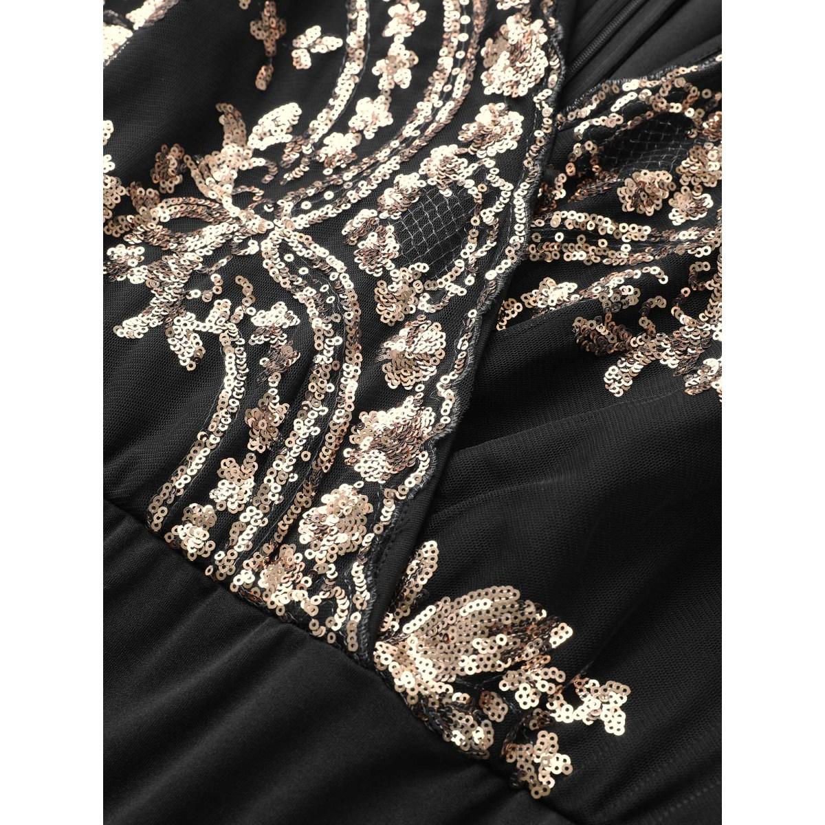 Plus Size Black Sequin Mesh Patchwork Wrap Belted Jumpsuit Women Cocktail Long Sleeve Overlap Collar Party Loose Jumpsuits BloomChic 10/M Product Image