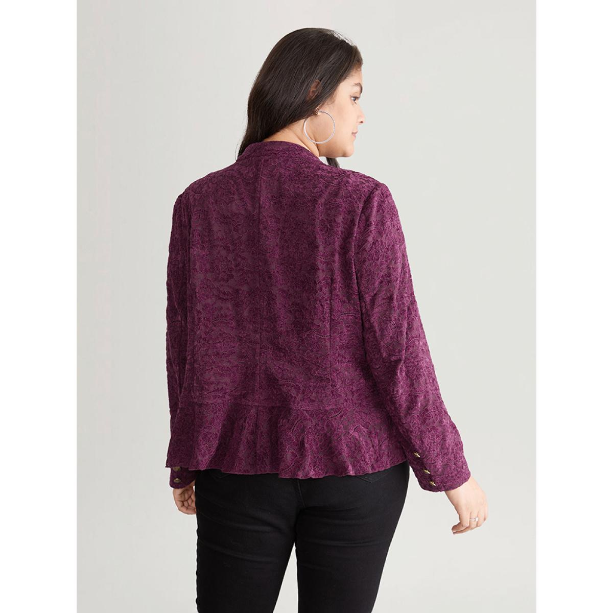 Plus Size Guipure Lace Ruffle Trim Buckle Detail Jacket Women Purple Plain Dailywear Jackets BloomChic 26/4X Product Image