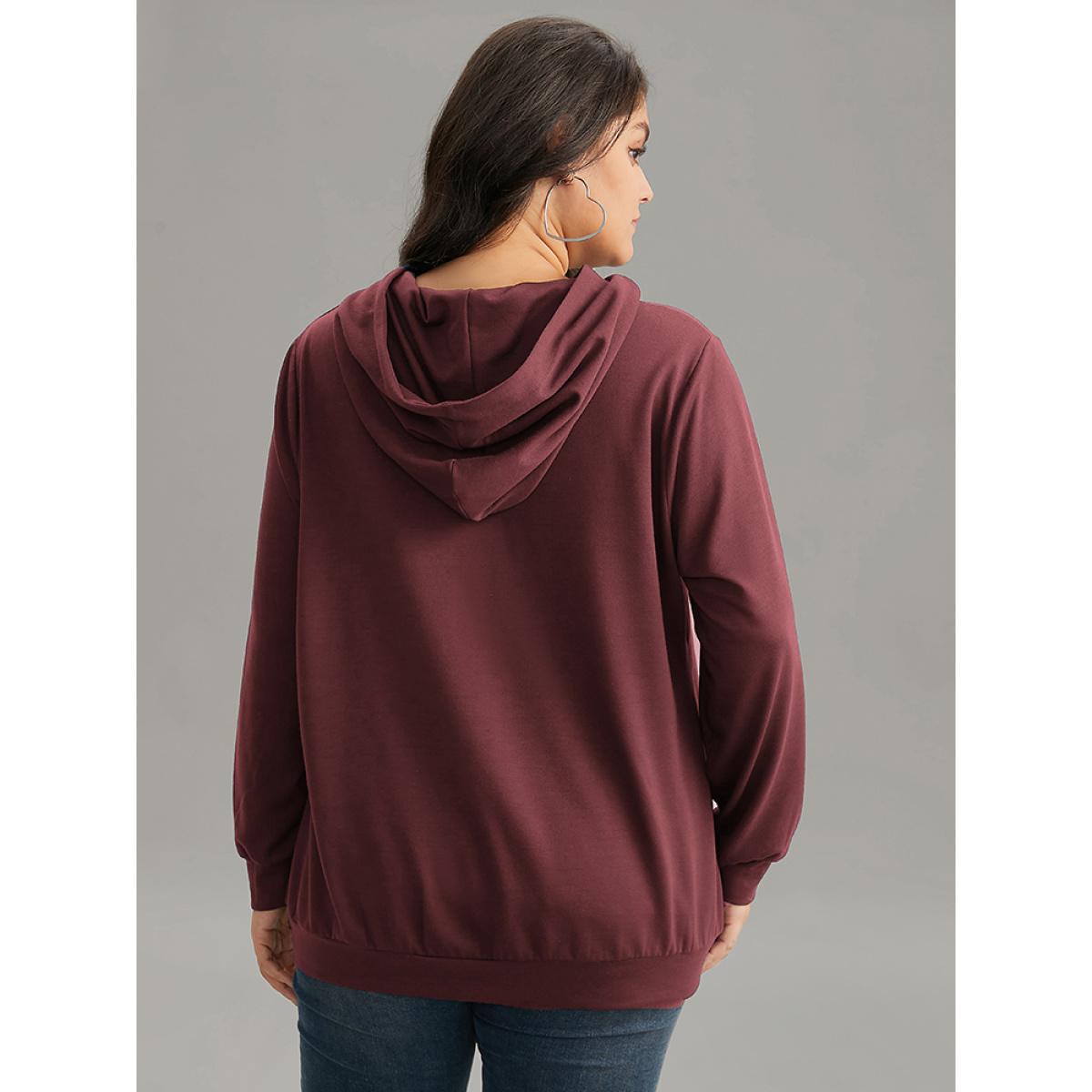 Plus Size Bee Print Hooded Kangaroo Pocket Sweatshirt Women Burgundy Casual Printed Everyday Sweatshirts BloomChic 14-16/1X Product Image