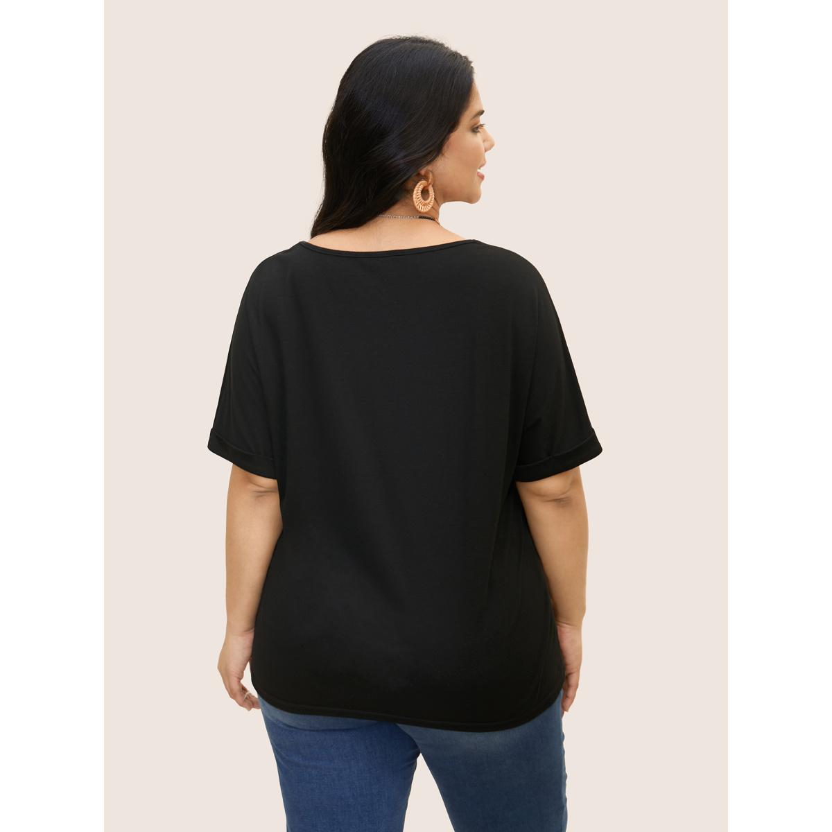 Plus Size V Neck Block Weave Trim Batwing Sleeve T-shirt Black Women Resort Patchwork V-neck Vacation T-shirts BloomChic 14-16/1X Product Image