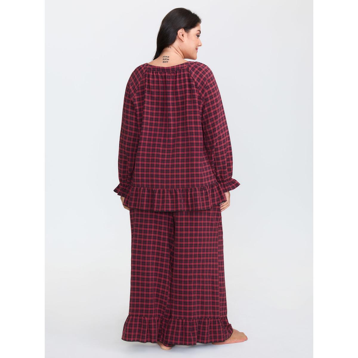 Plus Size Gingham Ruffled Hem Loungewear Set Women Multicolor Button Extra Long Sleeve Round Neck Leisure Loungewear Sets BloomChic 18-20/2X Product Image