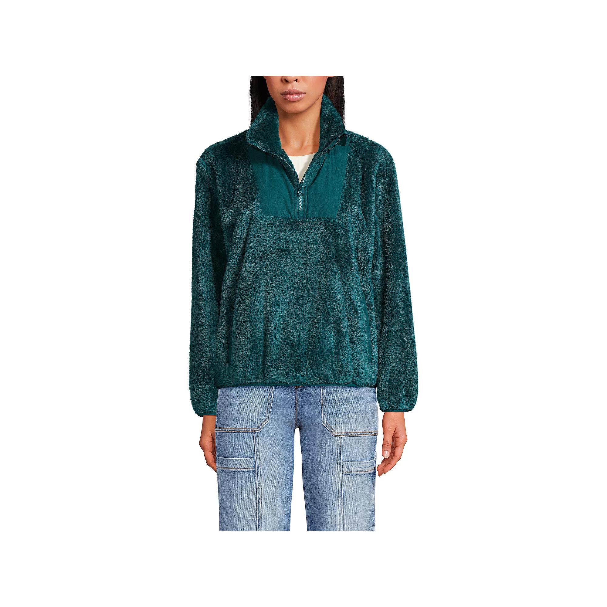 Women's Lands' End Quarter-Zip Cozy Sherpa Fleece Pullover, Size: Large, Evening Blue Product Image