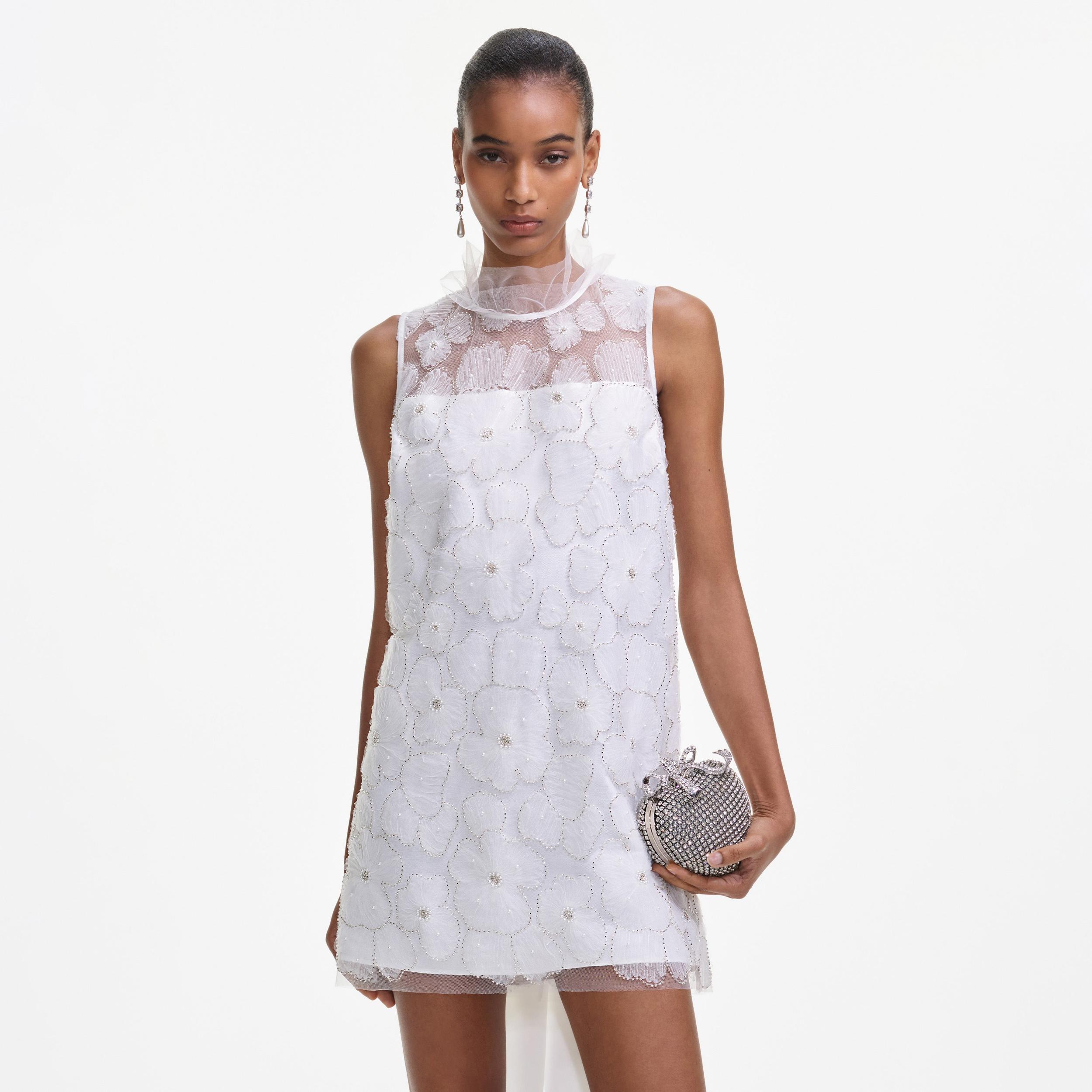 White Tulle Satin Bow Mini Dress Product Image