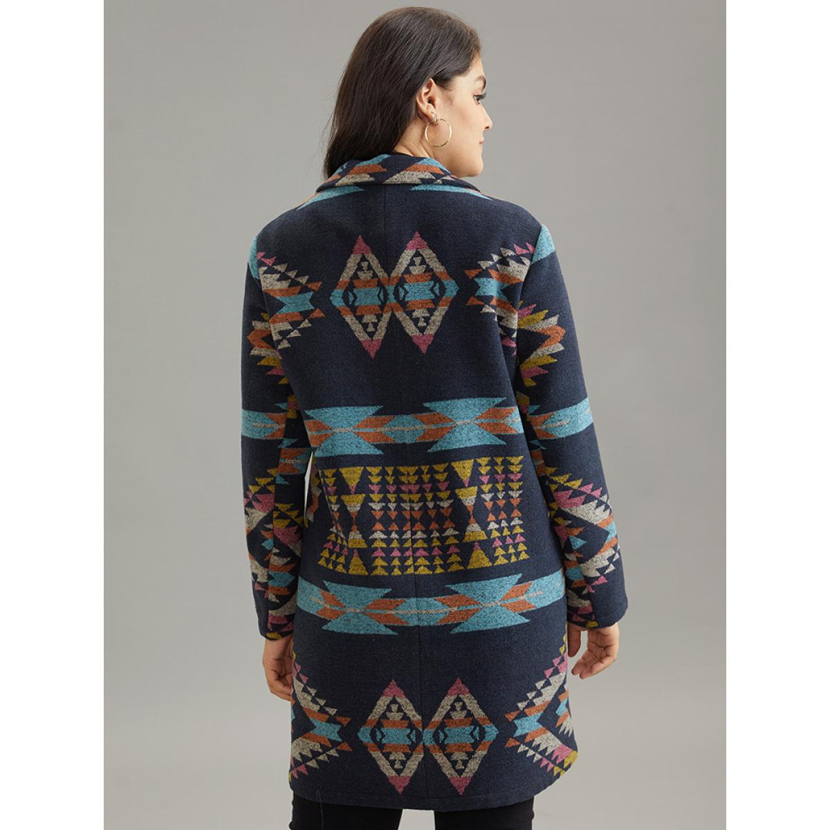 Plus Size Geometric Button Up Lapel Collar Coat Women Indigo Casual Printed Ladies Dailywear Winter Coats BloomChic 14-16/1X Product Image