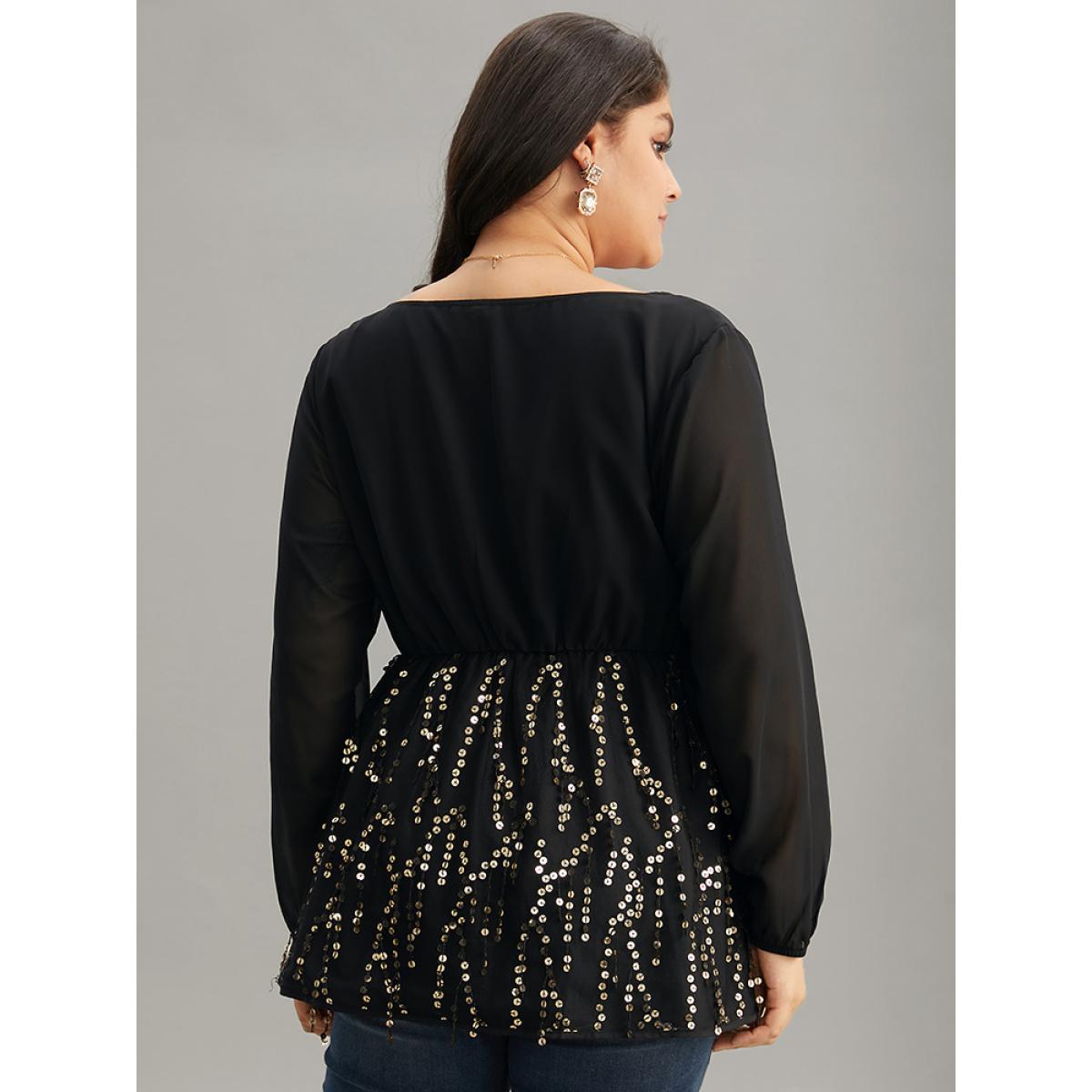 Plus Size Black Sequin Mesh Patchwork Square Neck Blouse Women Glamour Long Sleeve Square Neck Going out Blouses BloomChic 10/M Product Image
