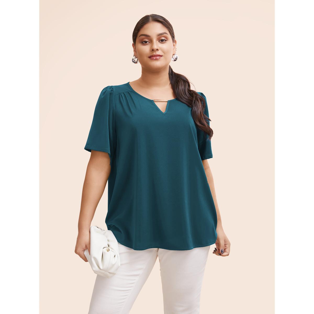 Plus Size Cyan Anti-Wrinkle Plain Metal Detail Keyhole Neck Blouse Women Office Short sleeve V-neck Work Blouses BloomChic 14-16/1X Product Image