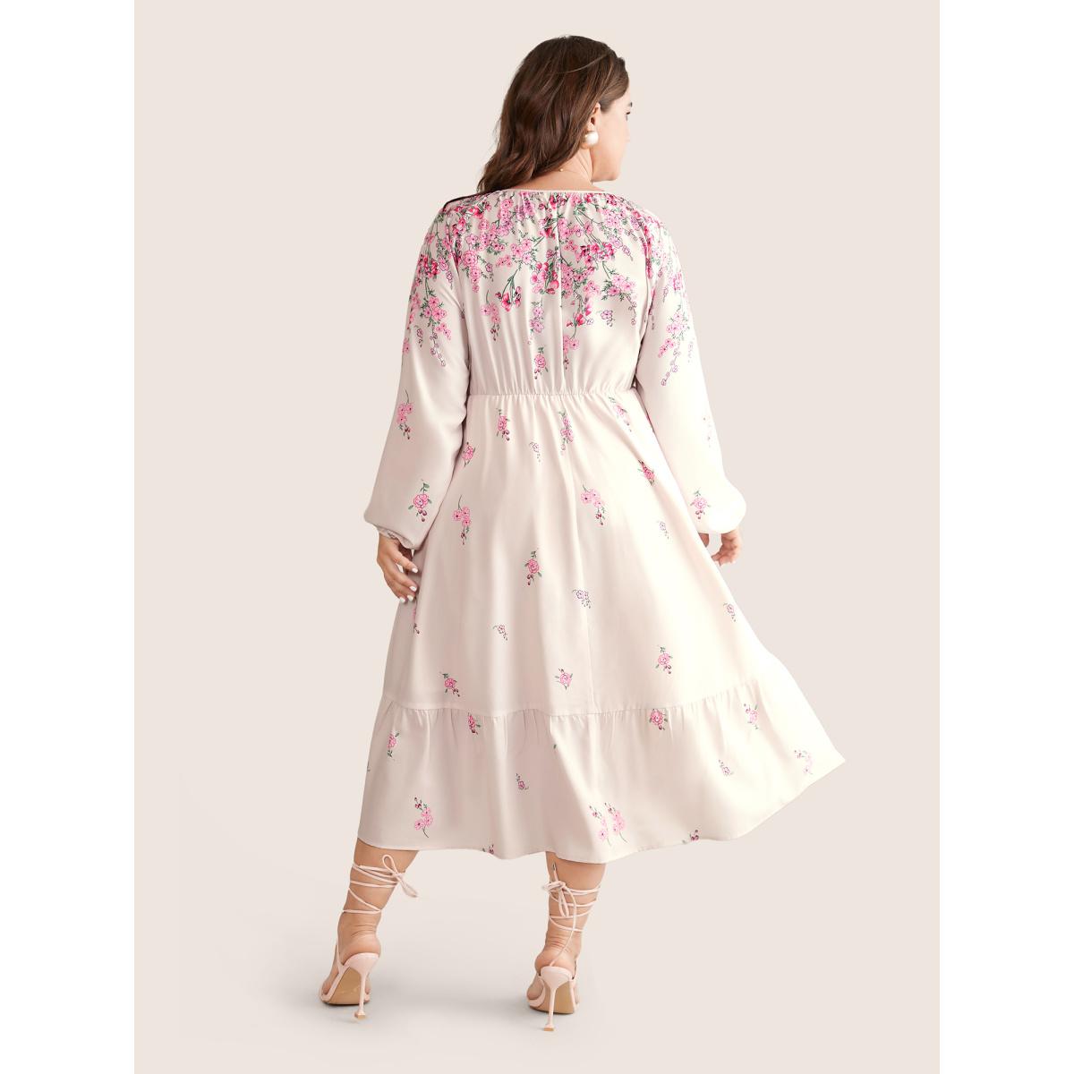 Plus Size Boho Print Patchwork Ruffles Lantern Sleeve Dress Apricot Women Elegant Elastic cuffs Round Neck Long Sleeve Curvy Midi Dress BloomChic 18-20/2X Product Image