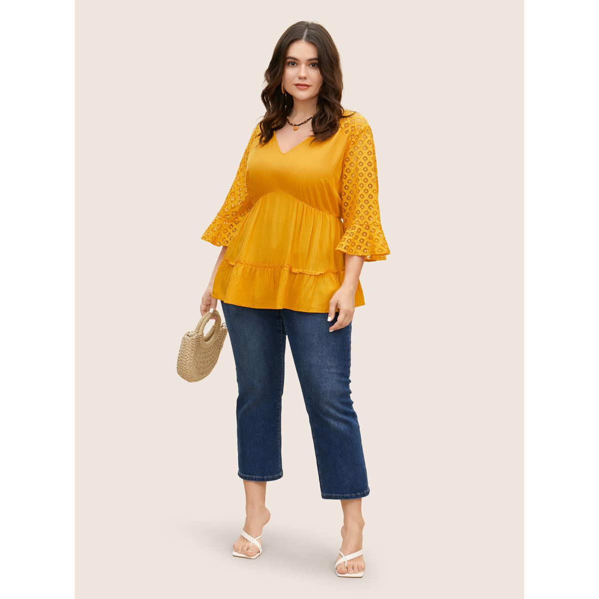 Plus Size Turmeric Solid Patchwork Ruffles Raglan Sleeve Blouse Women Resort Elbow-length sleeve V-neck Vacation Blouses BloomChic 12/L Product Image