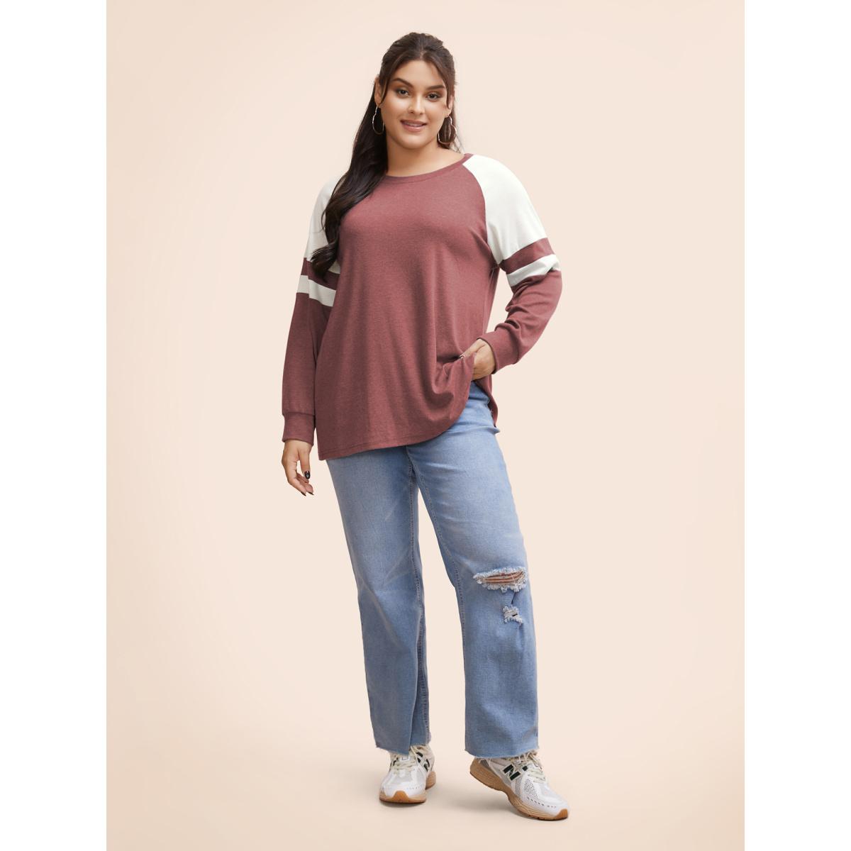 Plus Size Colorblock Contrast Stitch Raglan Sleeve T-shirt Russet Women Casual Elastic cuffs Striped Round Neck Dailywear T-shirts BloomChic 30/6X Product Image