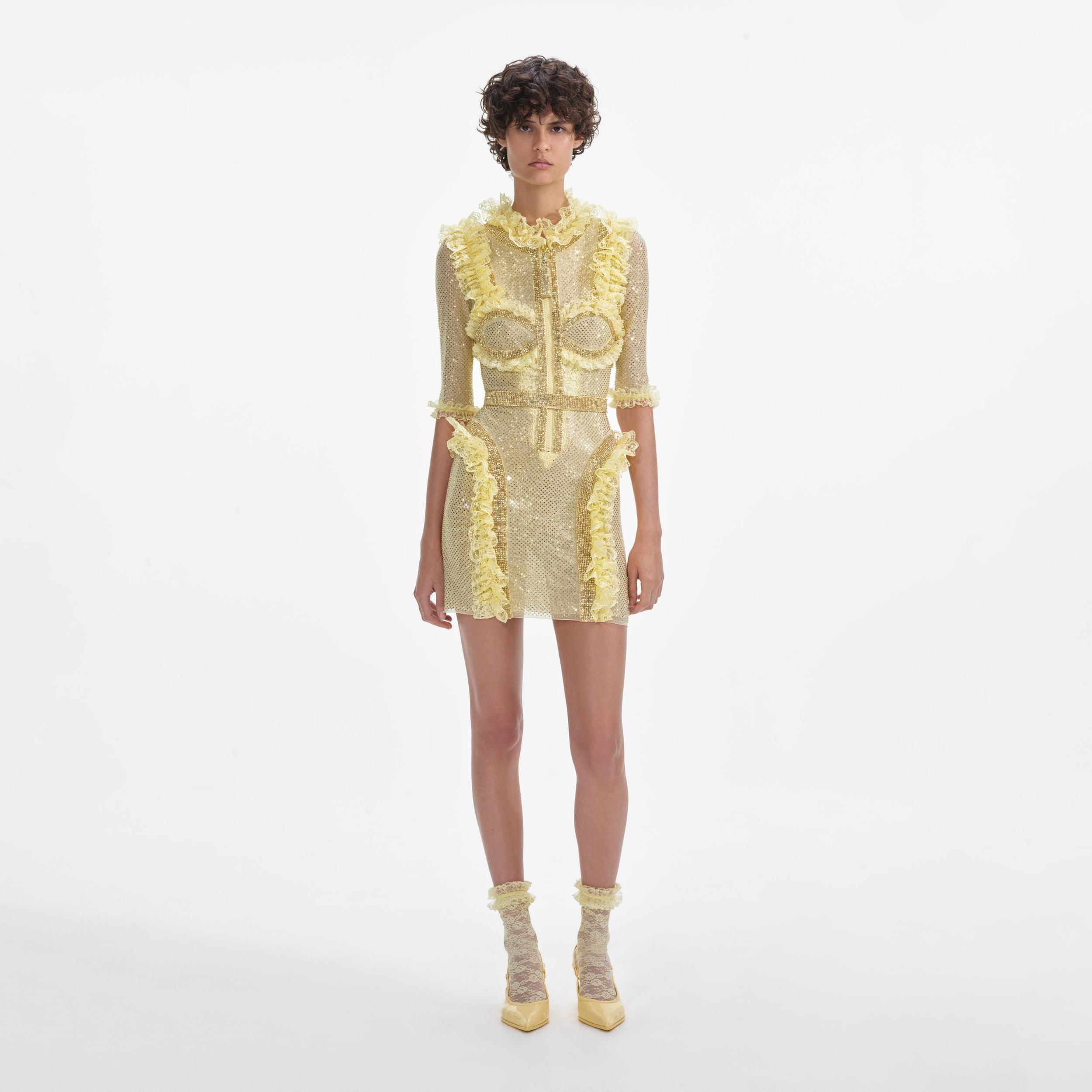 Yellow Rhinestone Mesh Ruffle Mini Dress Product Image