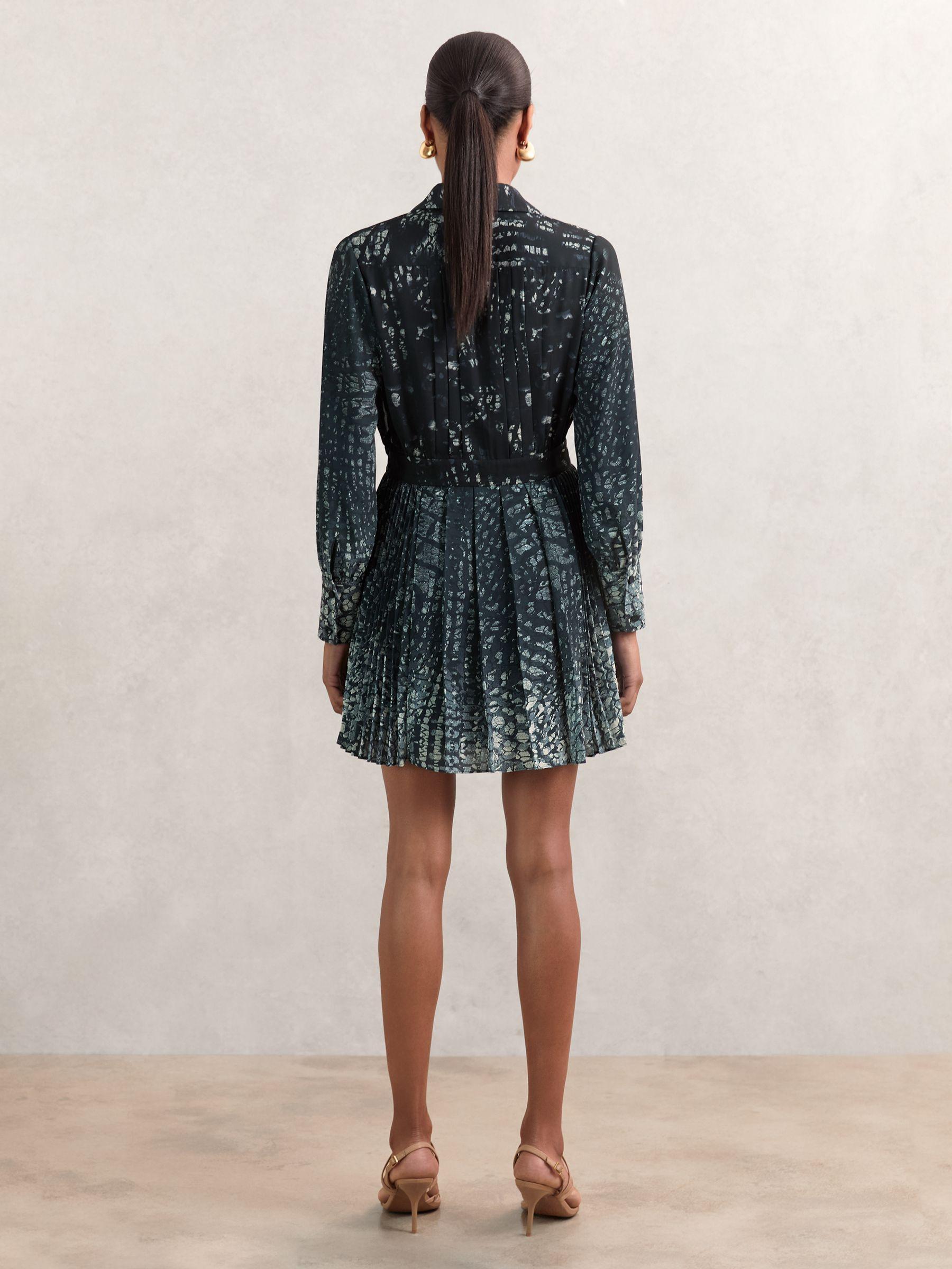 Printed Pleated Shirt Dress in Navy Product Image