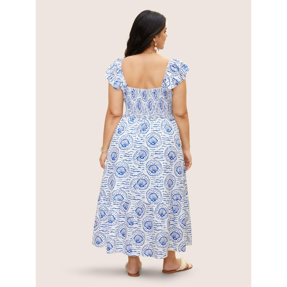 Plus Size Marine Elements Ruffles Tie Knot Maxi Dress LightBlue Women Resort Tie knot Heart neckline Cap Sleeve Curvy BloomChic 28/5X Product Image