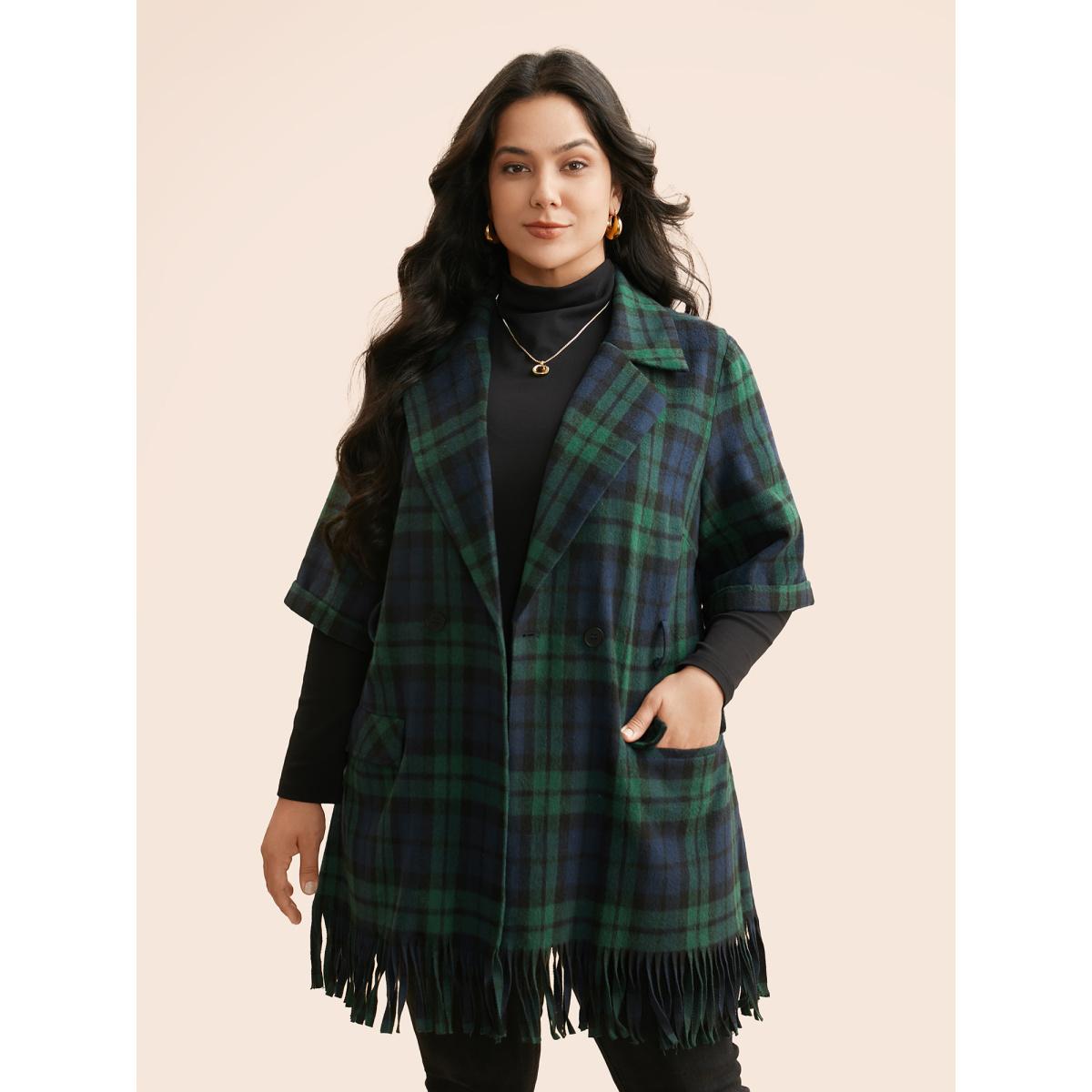 Plus Size Plaid Tassel Trim Pocket Belted Jacket Women Indigo Tassels Loose Open pocket with flap Belt Everyday Jackets BloomChic 14-16/1X Product Image