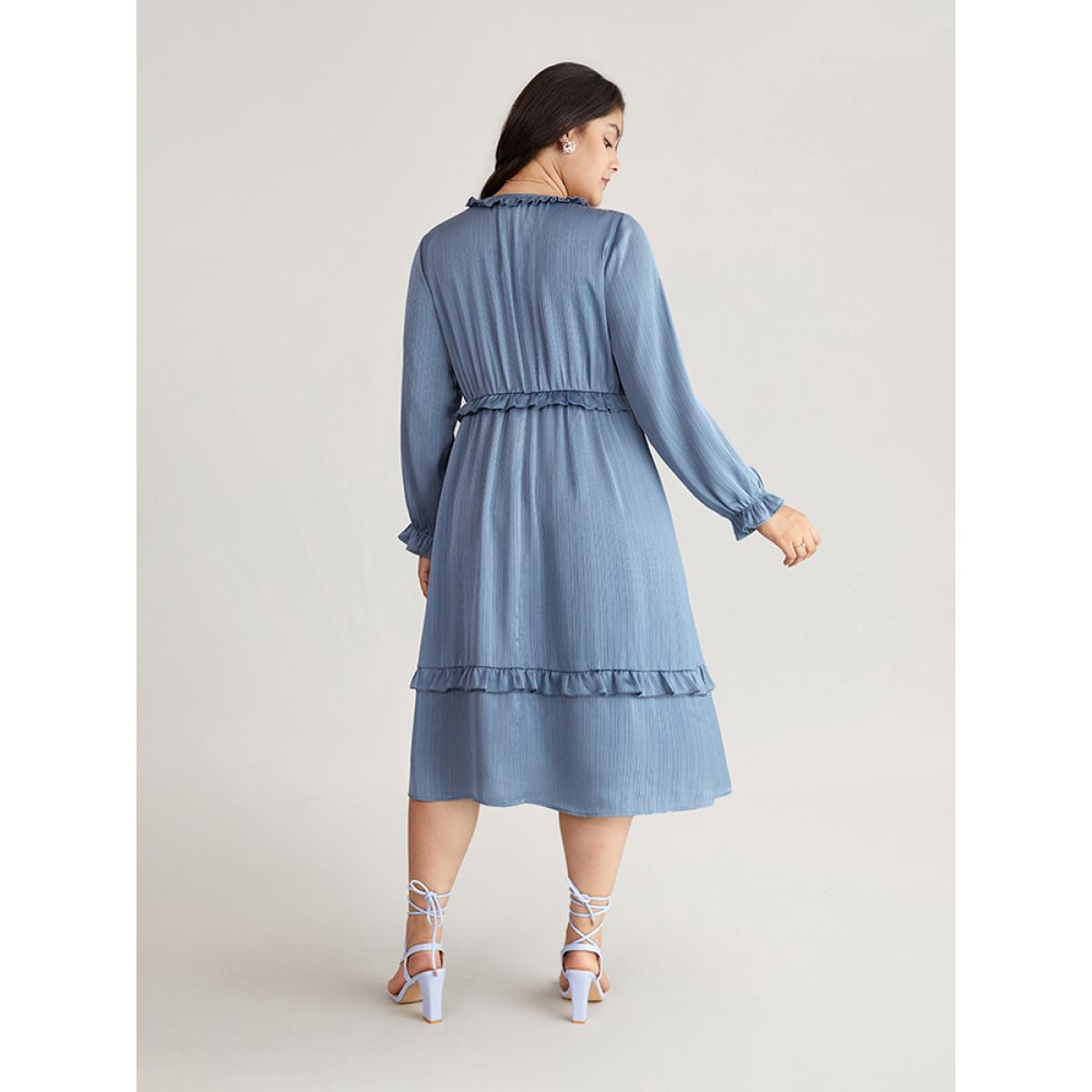 Plus Size Plain Pocket Elastic Waist Ruffles Frill Trim Dress Aegean Women Elegant Gathered V-neck Long Sleeve Curvy Midi Dress BloomChic 18-20/2X Product Image