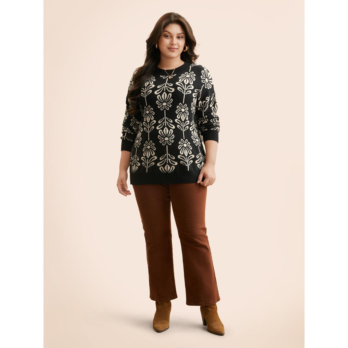 Plus Size Supersoft Essentials Floral Crew Neck Pullover Black Women Casual Long Sleeve Round Neck Everyday Pullovers BloomChic 14-16/1X Product Image