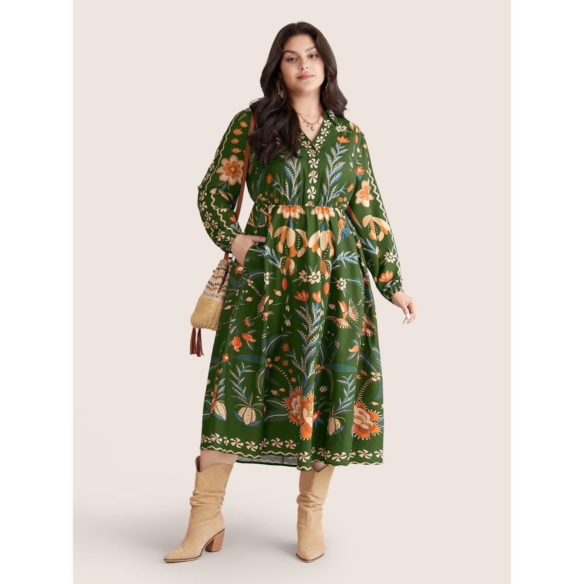 Plus Size Bandana Print Pocket Lapel Collar Elastic Cuffs Dress ArmyGreen Women Resort Non V-neck Long Sleeve Curvy Midi Dress BloomChic 12/L Product Image