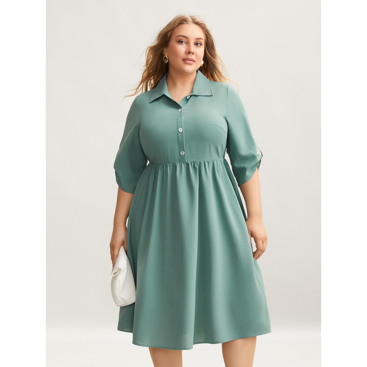 Plus Size Shirt Collar Front Button Placket Midi Dress Greenbean Women At the Office Button Shirt collar Elbow-length sleeve Curvy BloomChic 22-24/3X Product Image