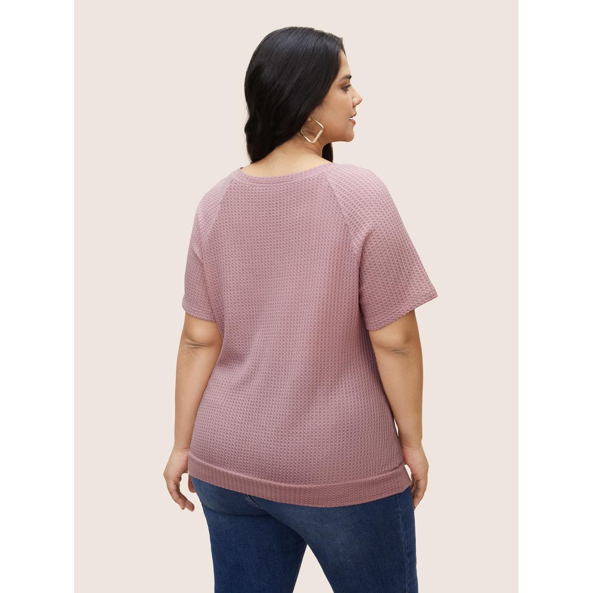 Plus Size Plain Waffle Knit V Neck T-shirt Rouge Women Casual Non V-neck Everyday T-shirts BloomChic 14-16/1X Product Image