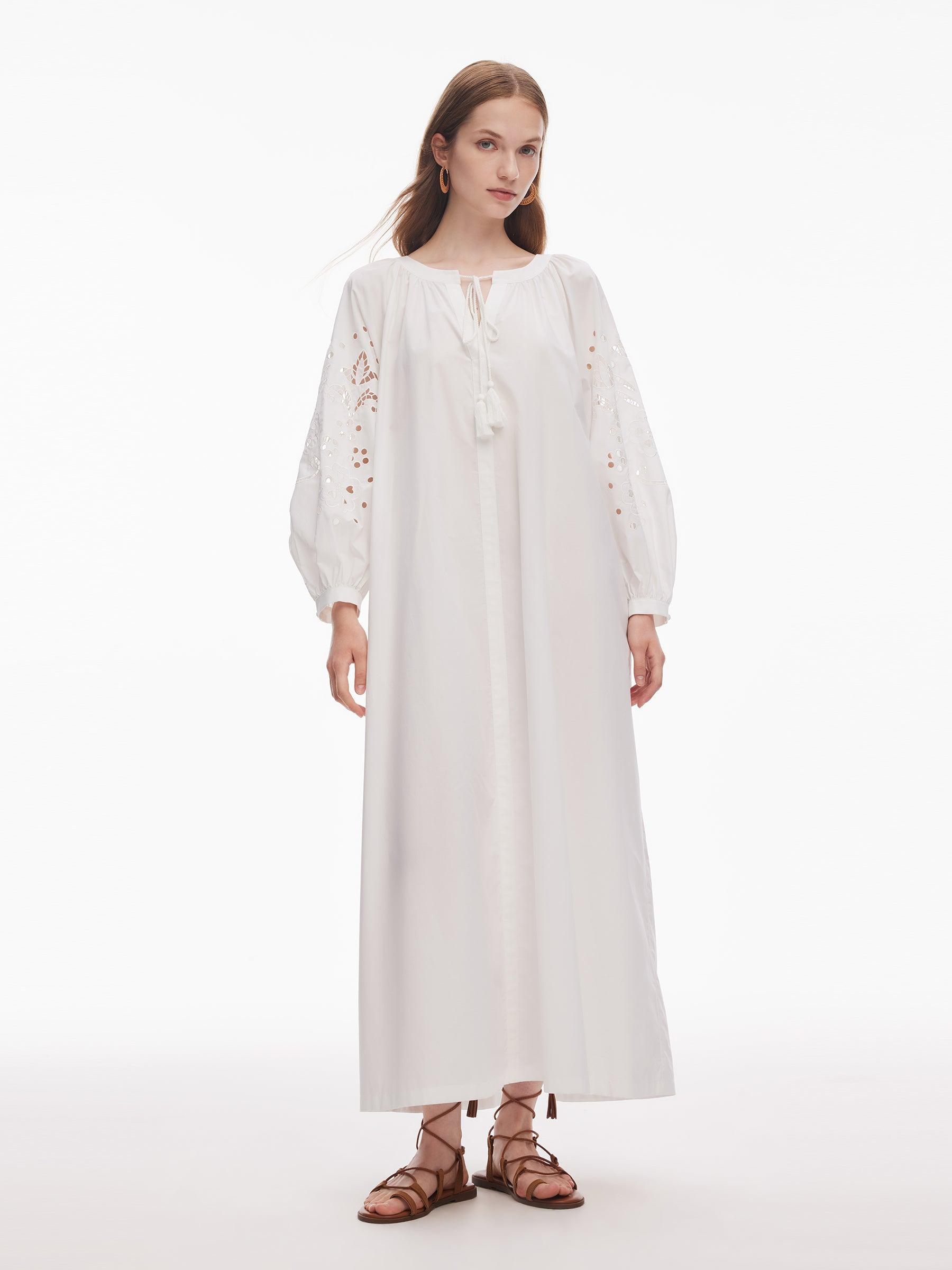100% Cotton Embroidered Women Long Sleeve Maxi Dress Product Image