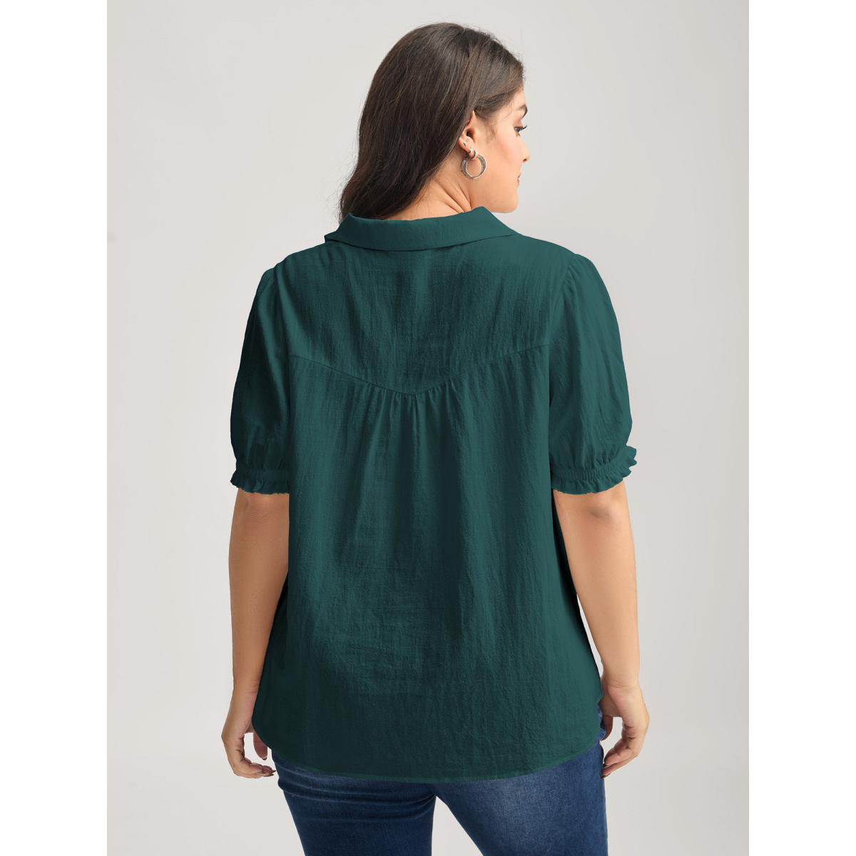 Plus Size Cyan Pure Cotton Ruffled Puffy Sleeve Blouse Women Office Short sleeve Shirt collar Office Blouses BloomChic 14-16/1X Product Image