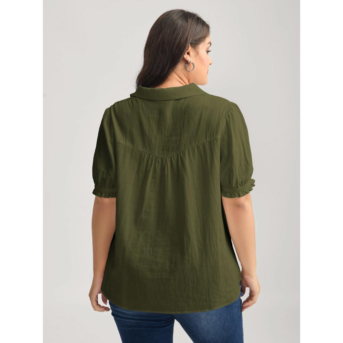 Plus Size Cyan Pure Cotton Ruffled Puffy Sleeve Blouse Women Office Short sleeve Shirt collar Office Blouses BloomChic 14-16/1X Product Image