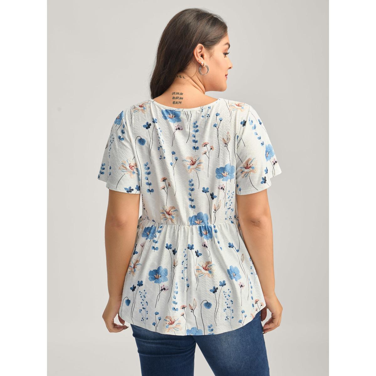 Plus Size Floral Lace-Trimmed Textured Babydoll Top Originalwhite Women Timeless V-neck Elegant T-shirts BloomChic 12/L Product Image