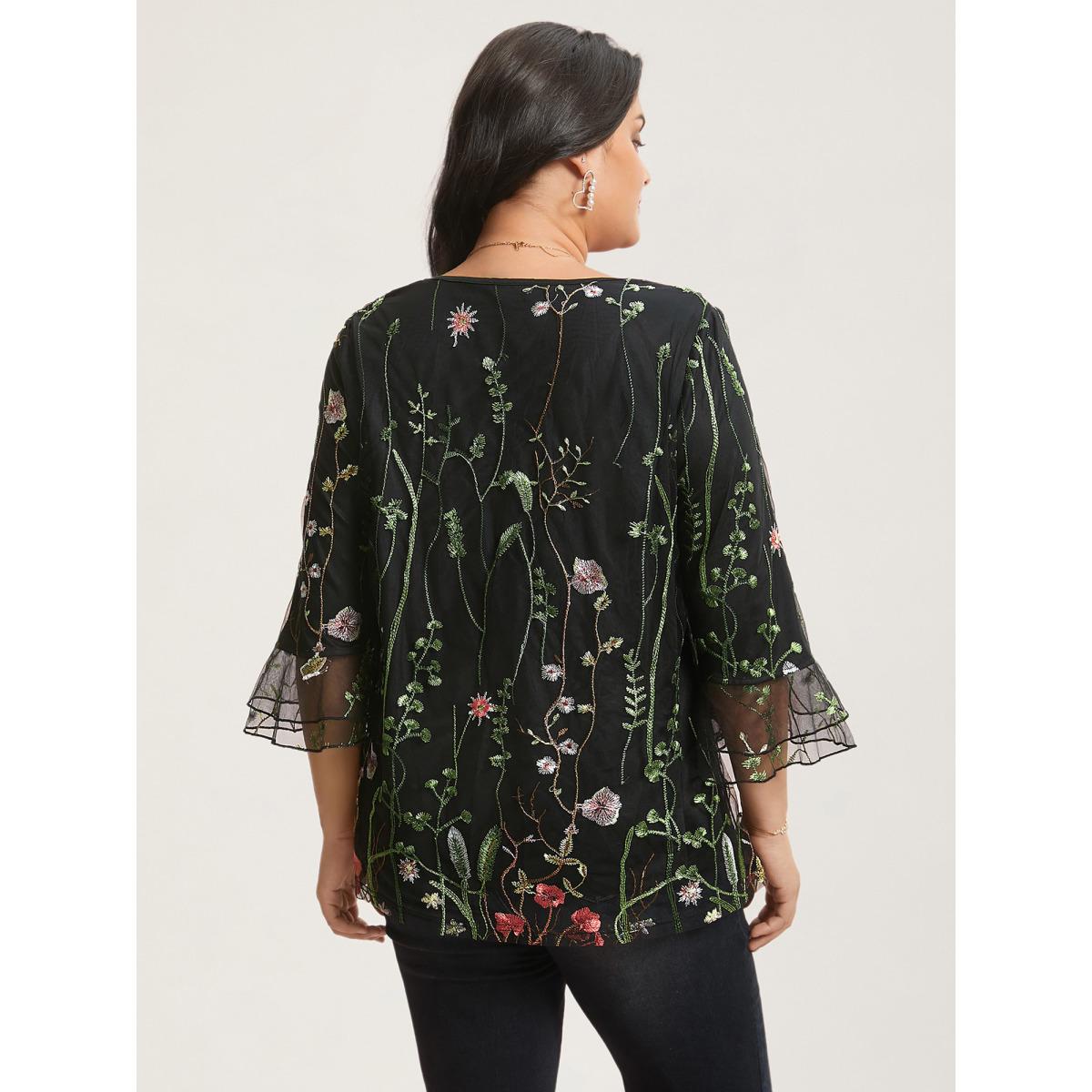 Plus Size Black Embroidered Mesh Lotus Leaf Sleeve Blouse Women Elegant Elbow-length sleeve V-neck Everyday Blouses BloomChic 28/5X Product Image