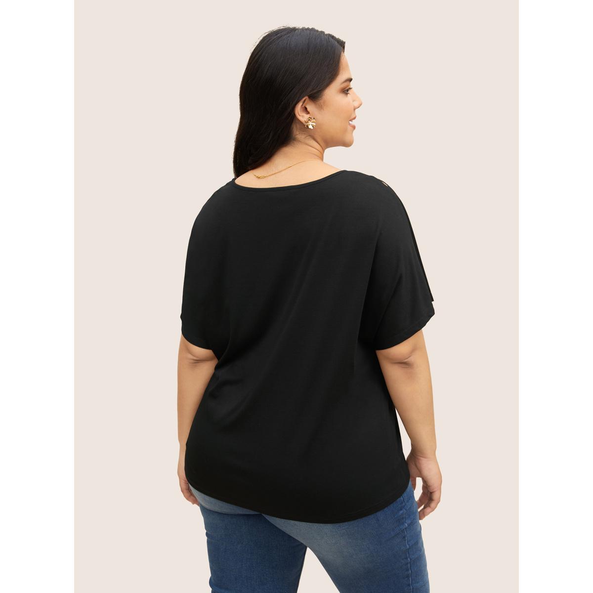 Plus Size Plain Laser Cut Batwing Sleeve T-shirt Black Women Elegant Cut-Out Round Neck Everyday T-shirts BloomChic 30/6X Product Image