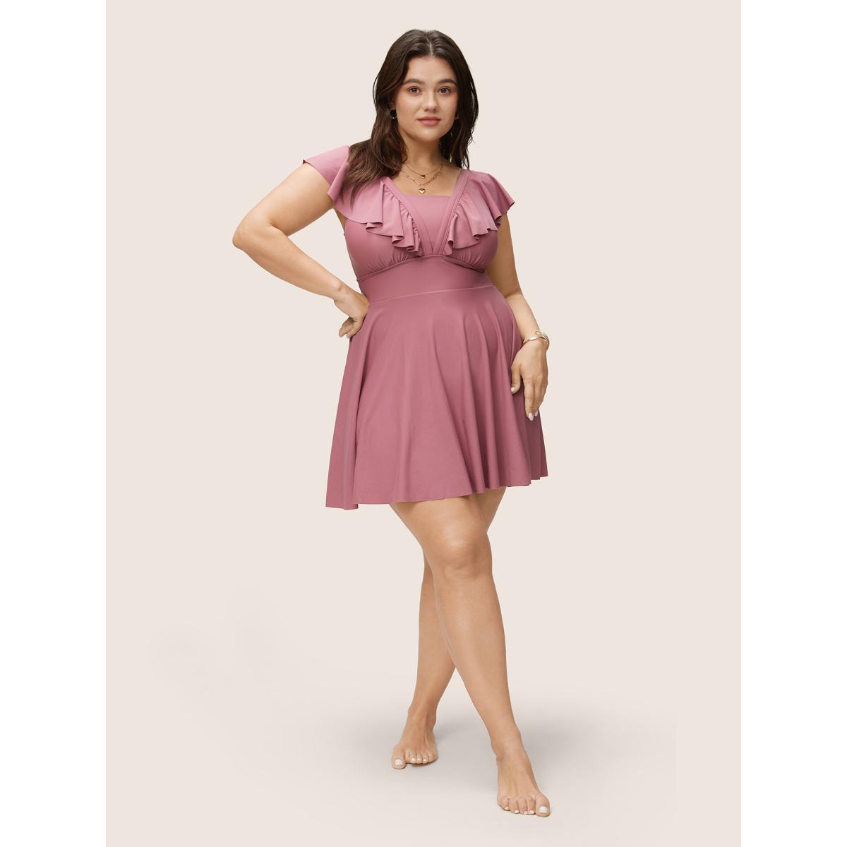 Plus Size Solid Flutter Trim A Line Swim Dress Women's Swimwear DustyPink Beach Bodycon Square Neck High stretch Curve Swim Dresses BloomChic 12/L Product Image