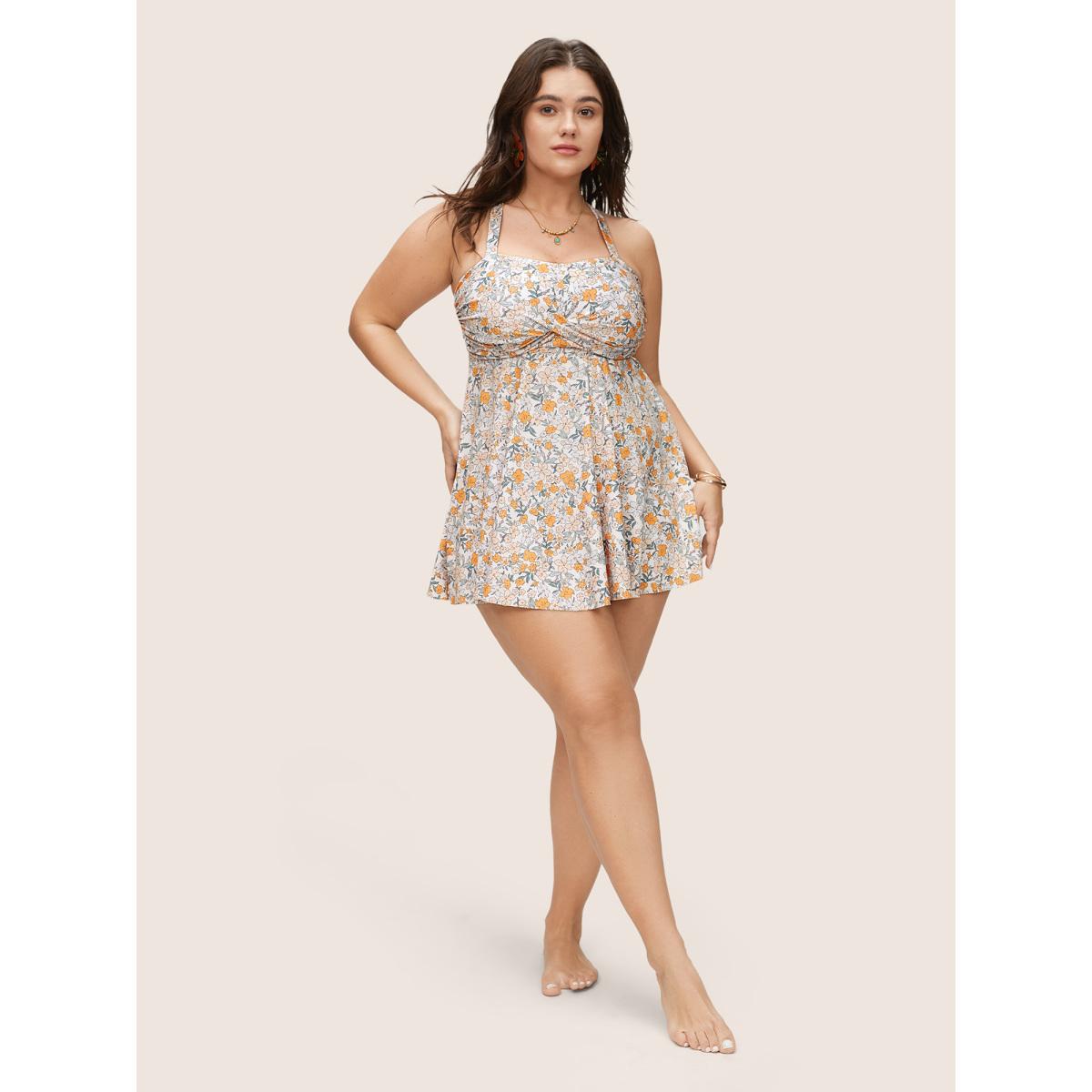 Plus Size Ditsy Floral Crossover Adjustable Straps Swim Top Women's Swimwear Apricot Beach Twist High stretch Bodycon Strapless Curve Swim Tops BloomChic 12/L Product Image