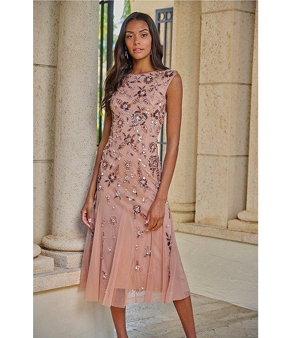 Adrianna Papell Beaded Mesh Boat Neck Cap Sleeve Dress Product Image