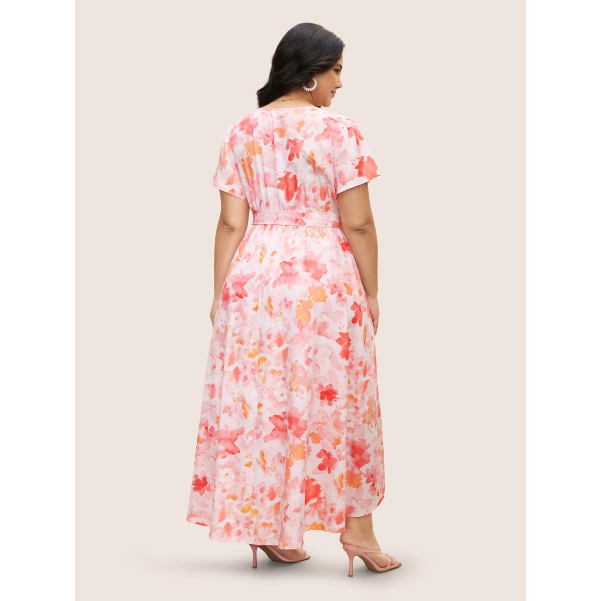 Plus Size Watercolor Floral Ruffles Asymmetrical Hem Dress Nudepink Women Elegant Belted Overlap Collar Cap Sleeve Curvy BloomChic 28/5X Product Image