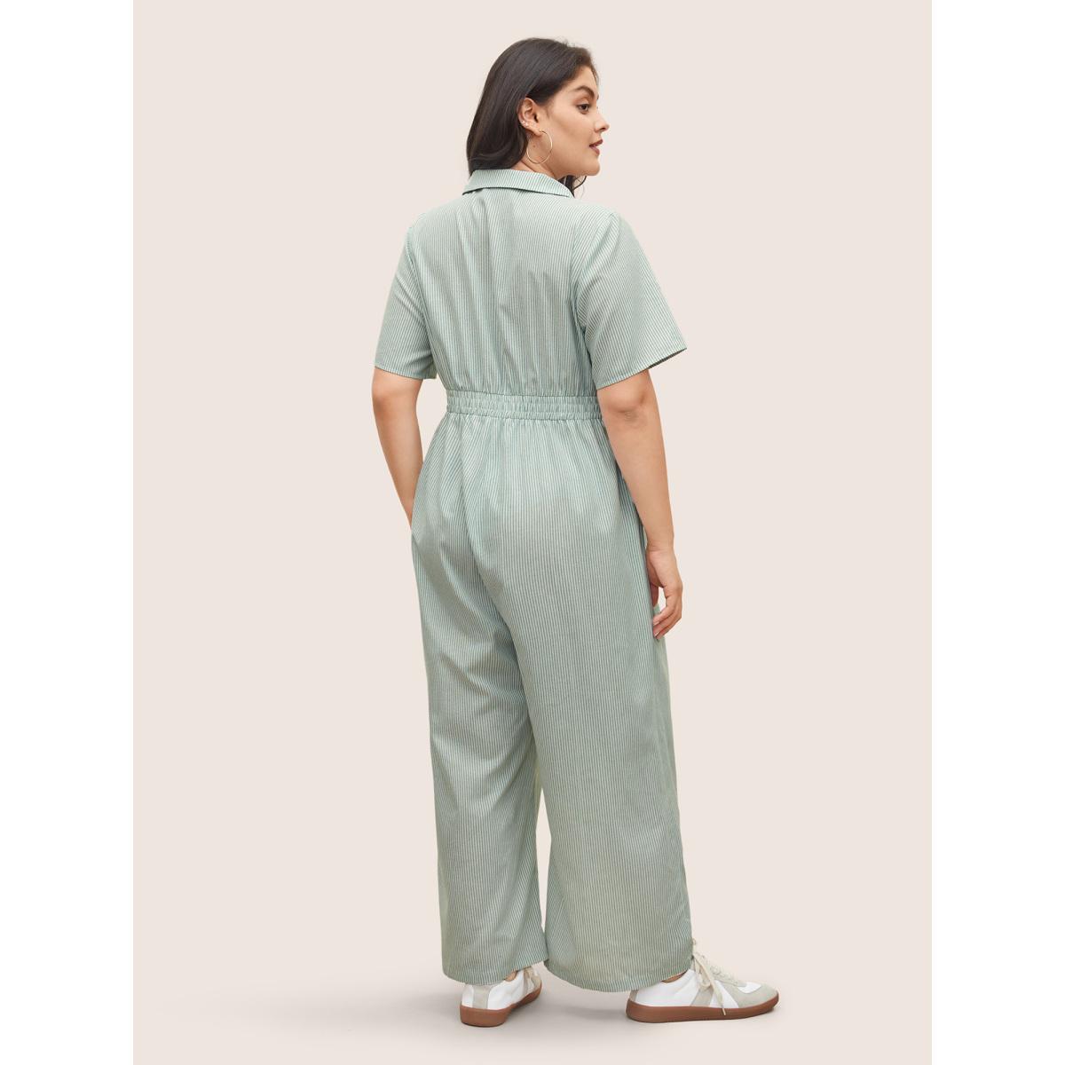 Plus Size LightGreen Striped Lapel Collar Shirred Button Detail Jumpsuit Women Casual Short sleeve V-neck Everyday Loose Jumpsuits BloomChic 18-20/2X Product Image